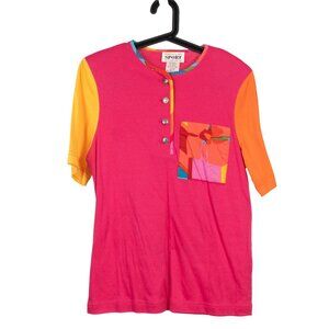 Sunny Sport VTG 80s Shirt M Pink Colorblock Abstract Pocket Trim Retro Buttons